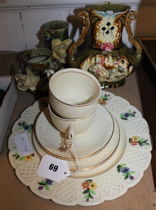 2 Clarice Cliff QEII cups, saucers, plates, 3 majolica vases and a Coalport plate